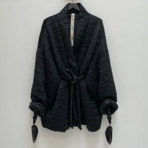 black oversized padded kimono jacket in jacquard fabric with patchwork look