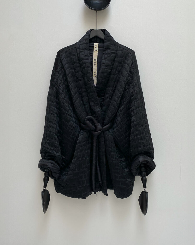 black oversized padded kimono jacket in jacquard fabric with patchwork look