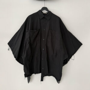 Frontside of Oversized black washed organic cotton boxy shirt with kimono sleeves